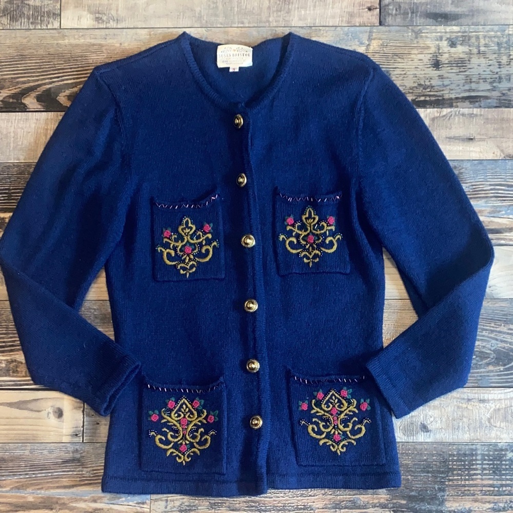 Vintage 90s Wool Susan Bristol Navy Cardigan with Embroidered Floral accents